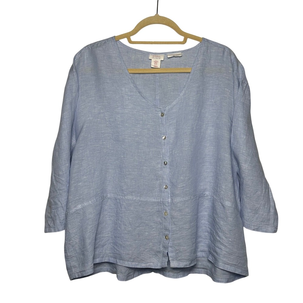 Sigrid Olsen Womens XL Light Blue 100% Linen Button Front V-Neck Blouse Top